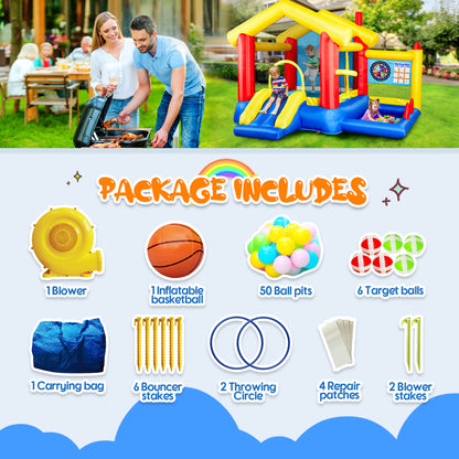 WHATOOK 8 in 1 Inflatable Bounce House with Blower Basketball Hoop Ocean Balls Ring-toss Game Target and Sticky Ball Game for Kids