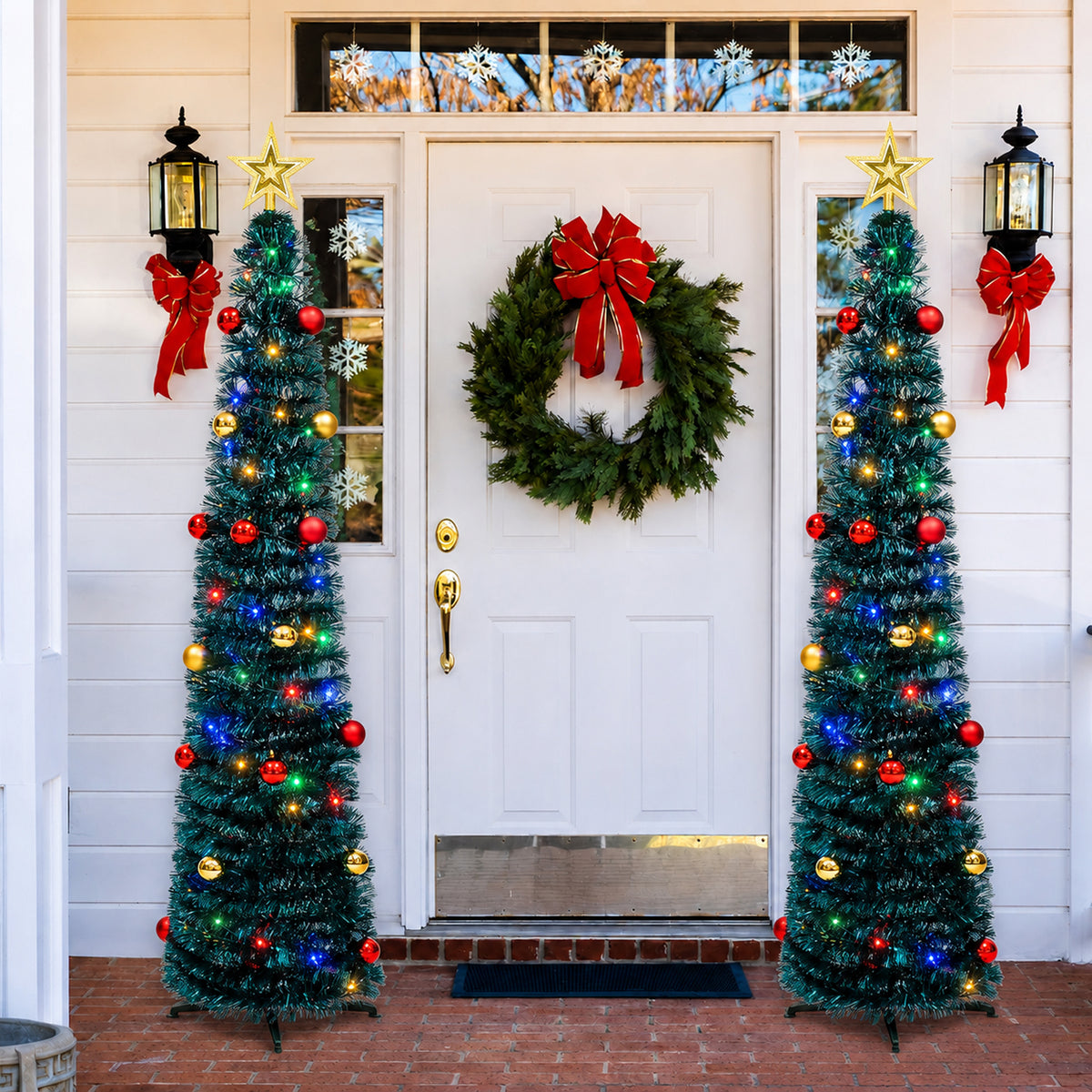 PUCACHI Pop Up Christmas Tree with Lights & 30 Balls,5Ft Collapsible Christmas Tree,Green Artificial Tinsel Pencil Xmas Trees for Indoor Home Office Party Christmas Decorations
