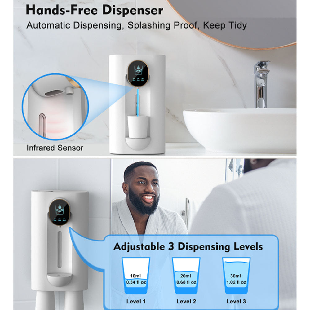 Automatic Mouthwash Dispenser for Bathroom, 18.26 Oz Smart Mouthwash Dispenser for Kids Adult, with Magnetic Cups, 3 Dispensing Levels, USB Charging, Wall Mounted,No Drilli