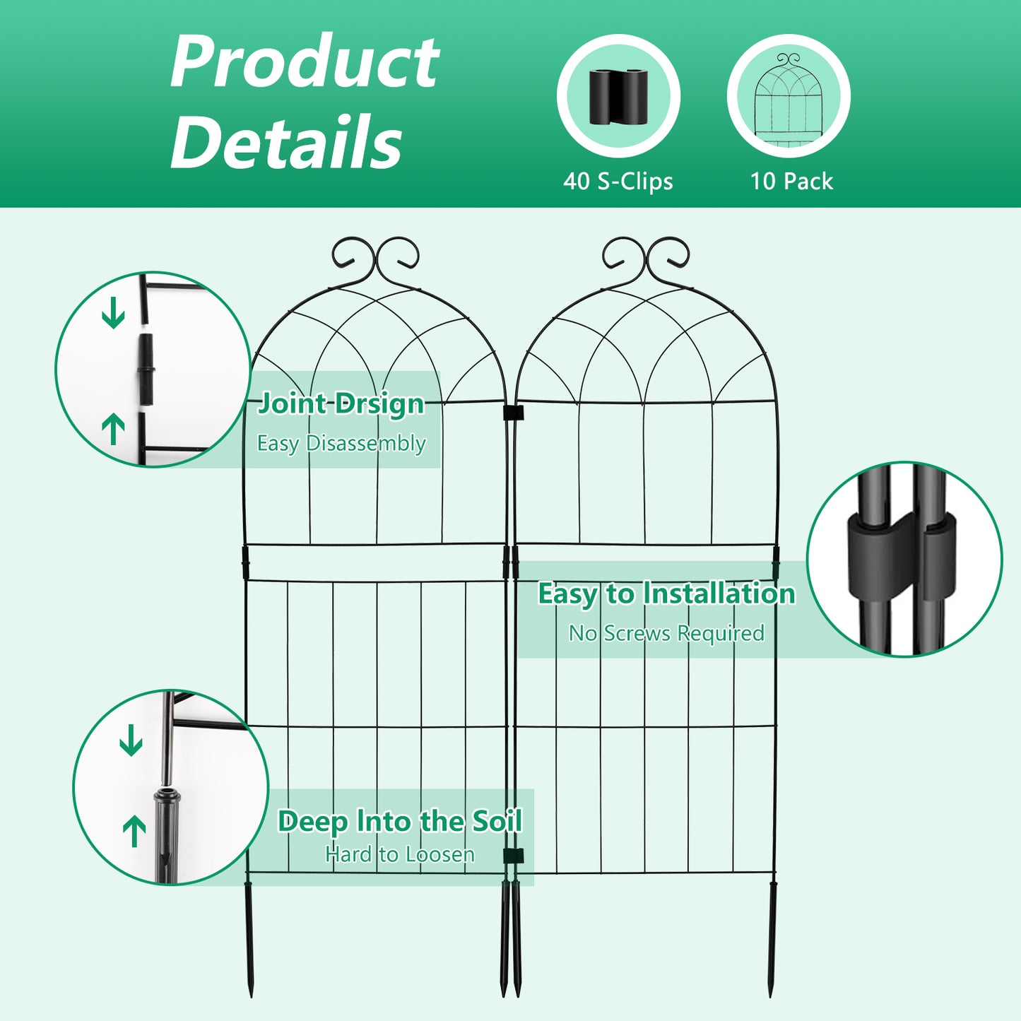 Decorative Garden Fence 10 Pack,Garden Trellis for Climbing Plants, 38.3in H x 12in W Metal Panel, Outdoor Wrought Iron Trellis for Vines, Flowers, Vegetable Garden Support