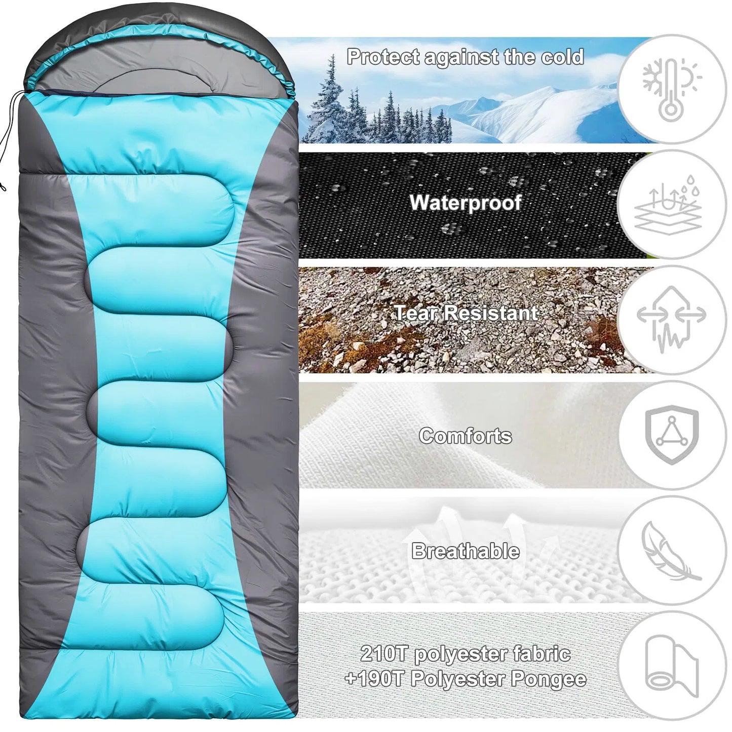Teblint Camping Sleeping Bag for Adults Kids, 4-Season Cold Weather Sleeping Bag, Waterproof & Compression Sack Included, Camping Essentials Gear Accessories Hiking Sleep Must Haves (Blue)