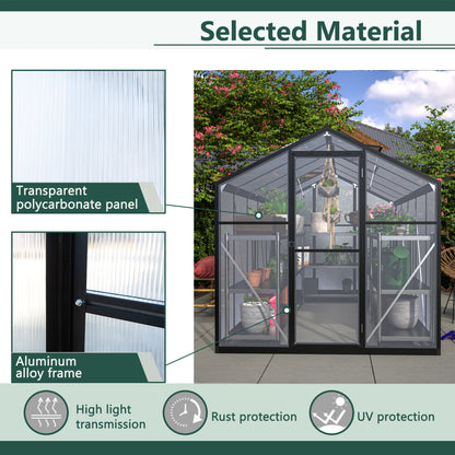 6'x10' Outdoor Greenhouse Walk in Polycarbonate Greenhouse Aluminum Plant Patio Grow House Garden Shed Kit with Lockable Hinged Door and 2 Adjustable Vent Window, Black