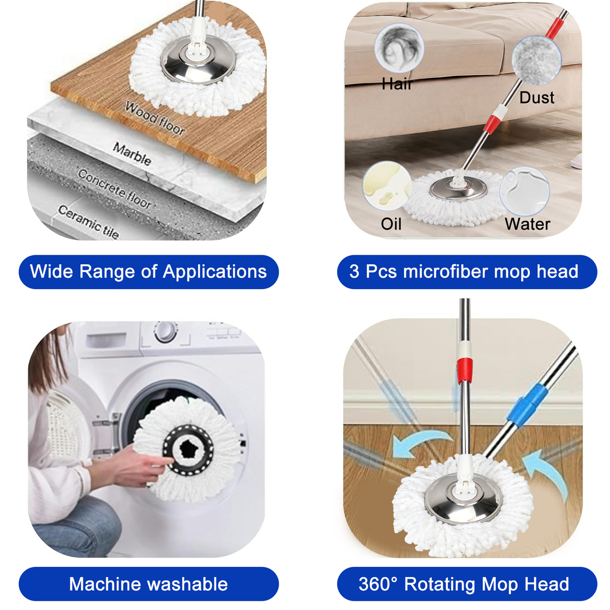 Spin Mop Replacement Handle,47 inch 360°Rotating Telescopic Replacement Mop Stick with 1 Stainless Steel Disc Base - 3 Microfiber Mop Replacement Heads,Suitable for Floors,Walls,Outdoor Areas