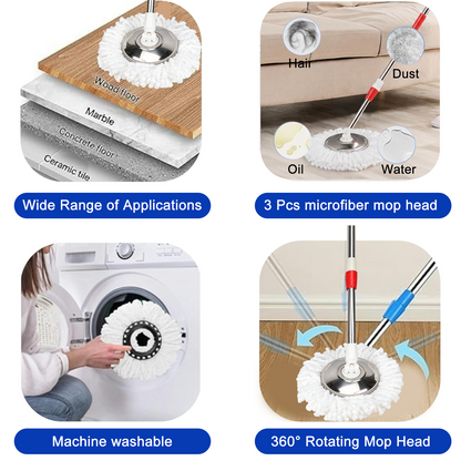 Spin Mop Replacement Handle,47 inch 360°Rotating Telescopic Replacement Mop Stick with 1 Stainless Steel Disc Base - 3 Microfiber Mop Replacement Heads,Suitable for Floors,Walls,Outdoor Areas