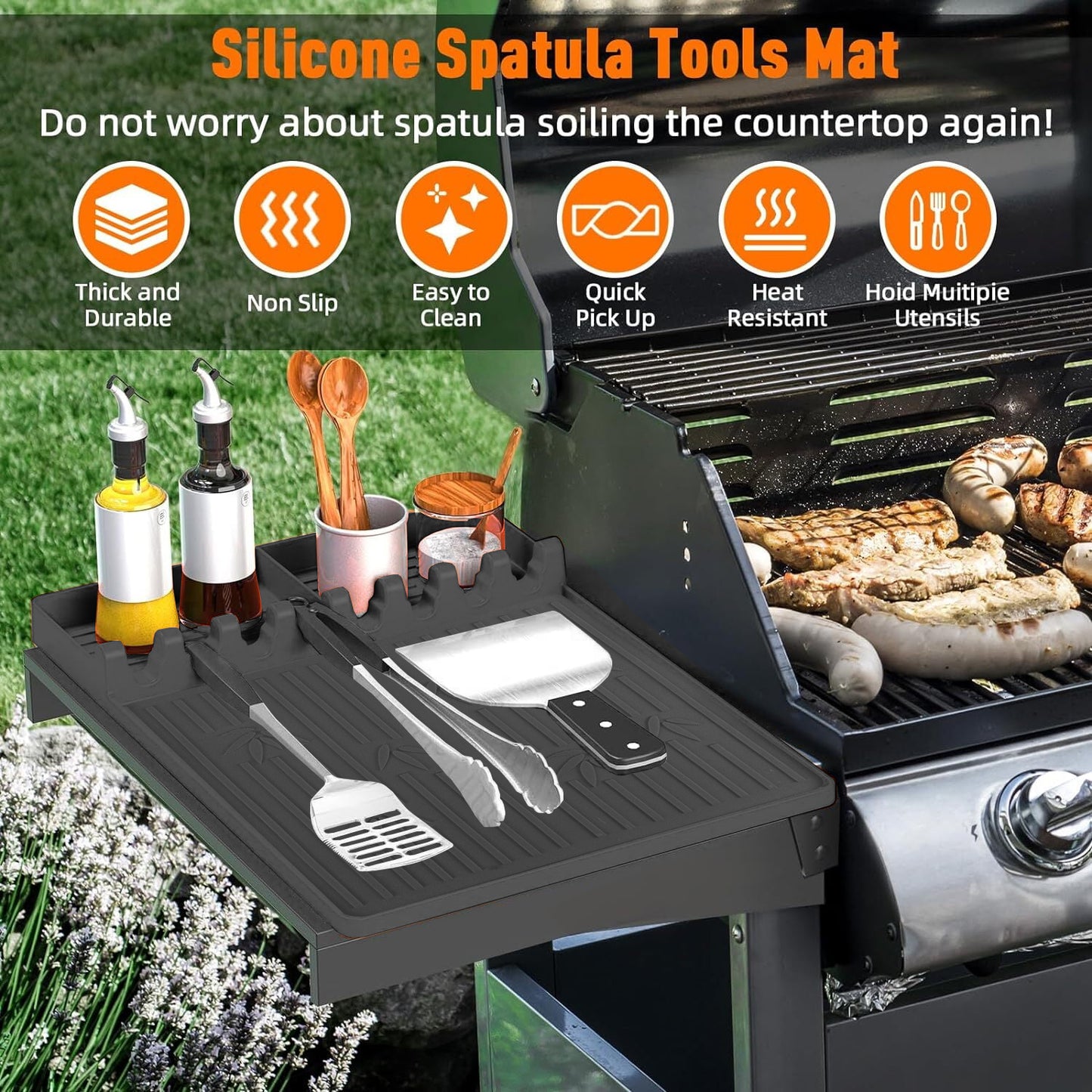 Silicone Grill Mat,Griddle Tools Mat for Blackstone,Silicone Spatula Grill Mat with Drip Pad for Kitchen,Cooking,Countertop,BBQ Caddy Utensils Holder Griddle Accessories for Blackstone,L*W:41.7x30cm
