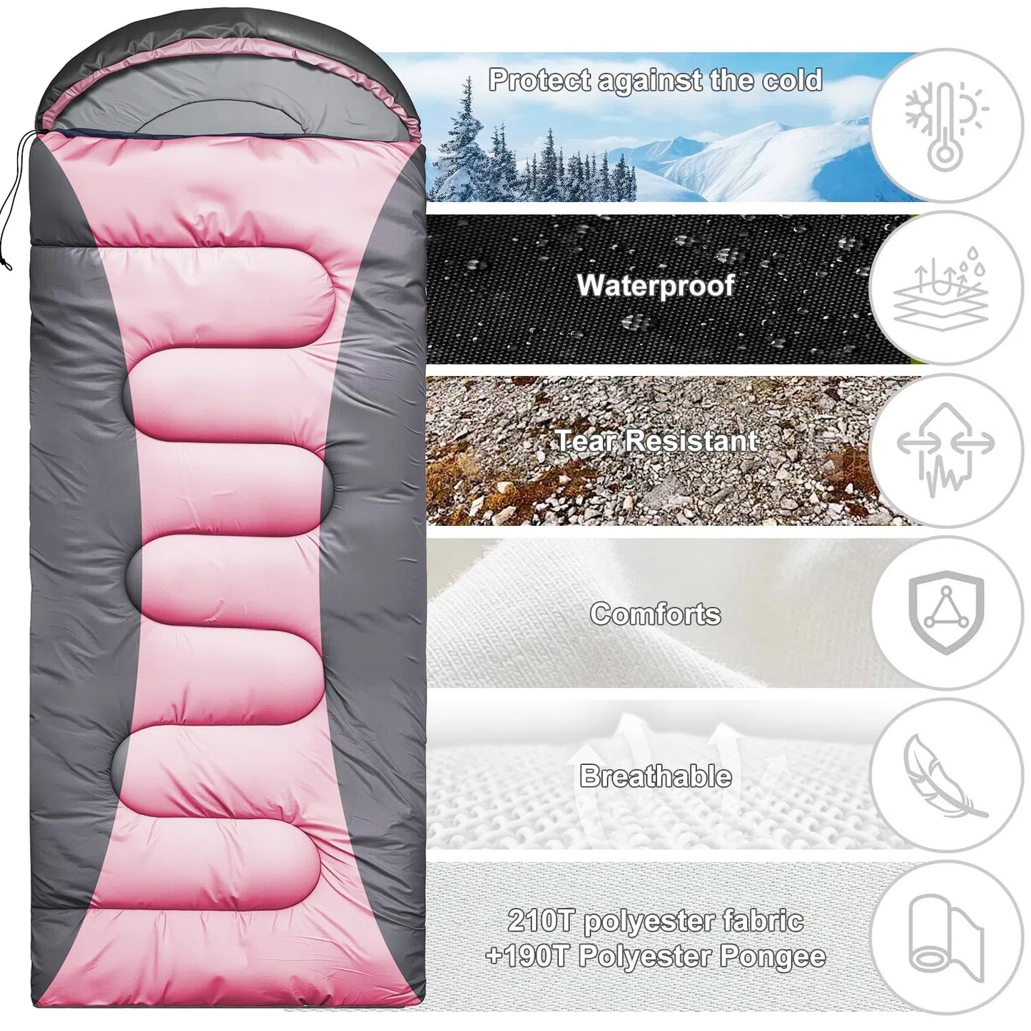 Teblint Camping Sleeping Bag for Adults Kids, 4-Season Cold Weather Sleeping Bag, Waterproof & Compression Sack Included, Camping Essentials Gear Accessories Hiking Sleep Must Haves (Pink)