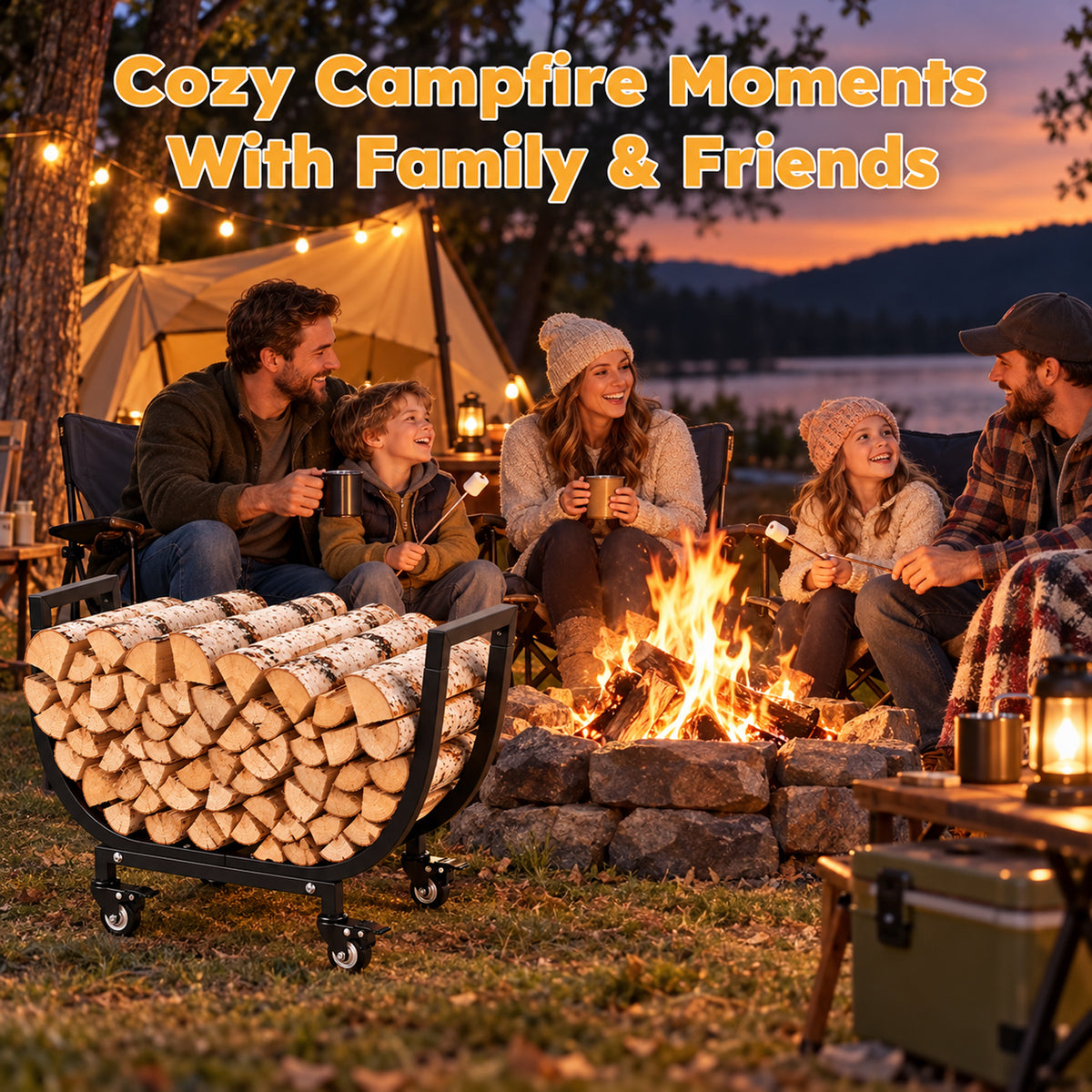 24in Firewood Rack with Wheels, Rustproof Heavy Duty Metal Log Holder, Outdoor Indoor Firewood Storage Organizer for Fireplace Patio Deck Firepit, Black