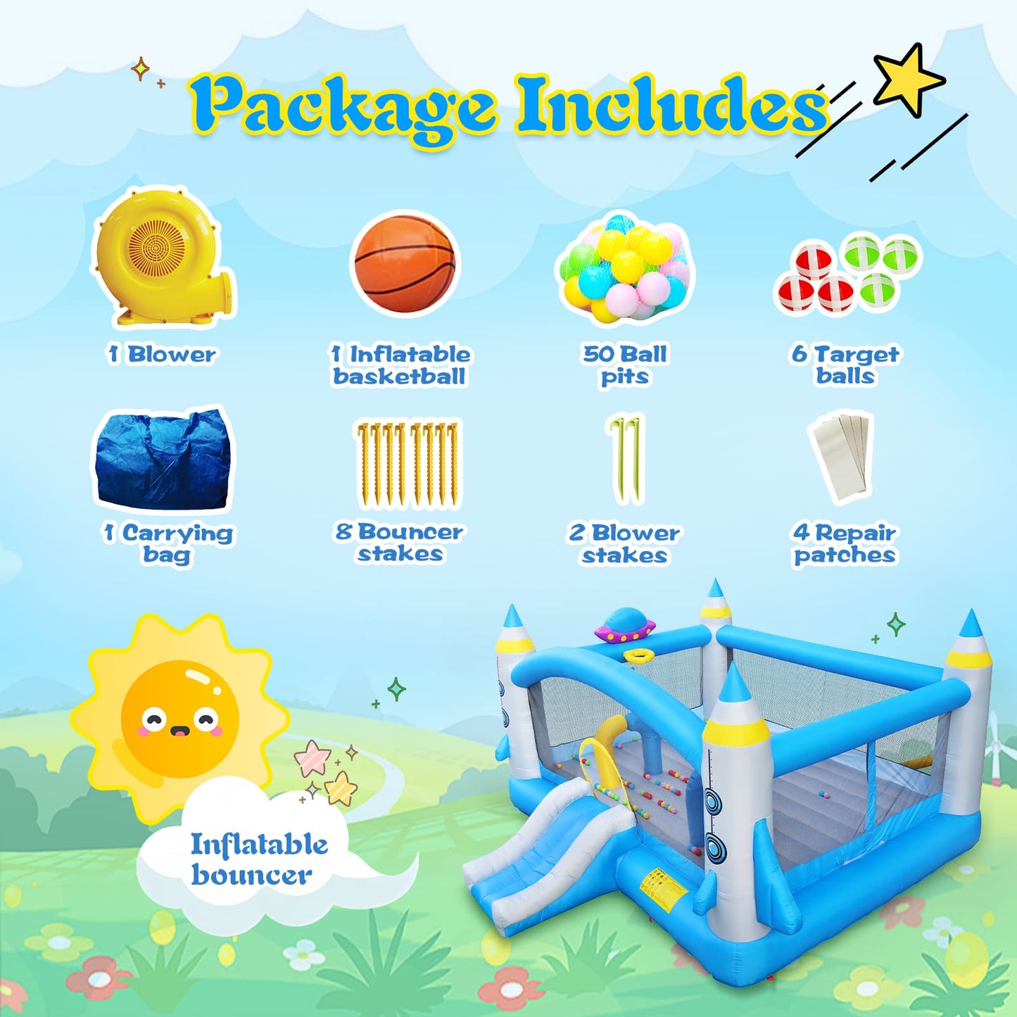 WHATOOK Bounce House for Kids Multifunctional Jump 'n Slide Kids Inflatable Bounce with Blower, 198" x 180" Play Area x 96" Tall, Basketball Hoop, Target Game, A Wealth of Accessories