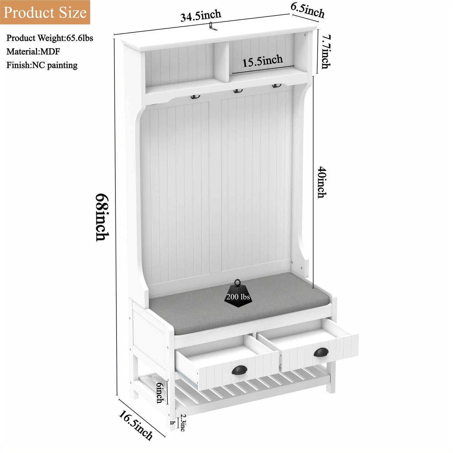 Hall Tree with Bench and Shoe Storage, 3 in 1 Entryway Bench With Coat Rack, 4 Hooks, 2 Drawers, Wood Farmhouse Shoe Rack Bench with Padded Seat Cushion for Entryway, Hallway (White)