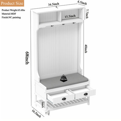 Hall Tree with Bench and Shoe Storage, 3 in 1 Entryway Bench With Coat Rack, 4 Hooks, 2 Drawers, Wood Farmhouse Shoe Rack Bench with Padded Seat Cushion for Entryway, Hallway (White)