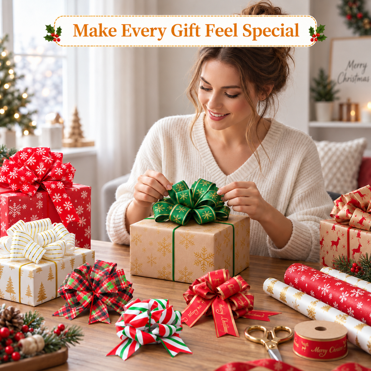 Gift Pull Bows, 12 Pack Christmas Ribbon Gift Bows, Decorative Gift Bows Ideal for Christmas Gift Wrapping, Christmas Decorations, Birthday Wrapping, Holiday Decorations and Floral Arrangements