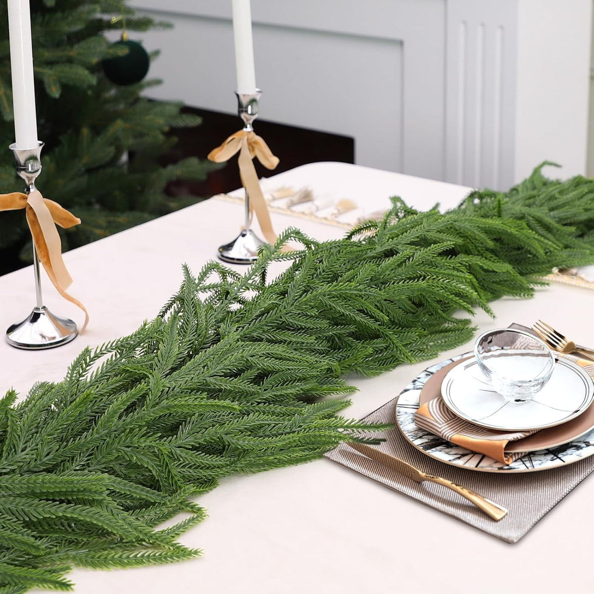 PUCACHI 2 Pcs 6 Ft Christmas Garland,Artificial Norfolk Pine Garlands with 40 LED Lights,Artificial Greenery Garland for Table,Mantle,Window,Indoor,Outdoor Christmas Decorations（Green）