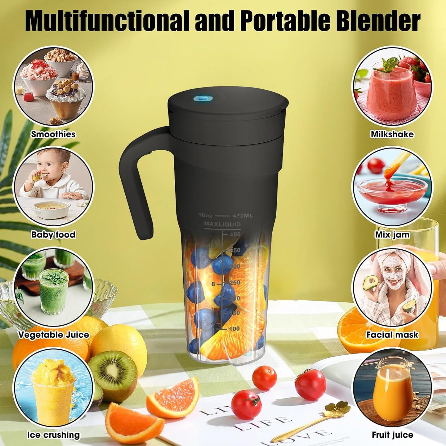 Portable Blender, 16 Oz Personal Size Blender USB Rechargeable for Shakes and Smoothies Portable Juicer, Mini Blender with 6 Blades for Sports/Travel/Home/Gym/Office, Black