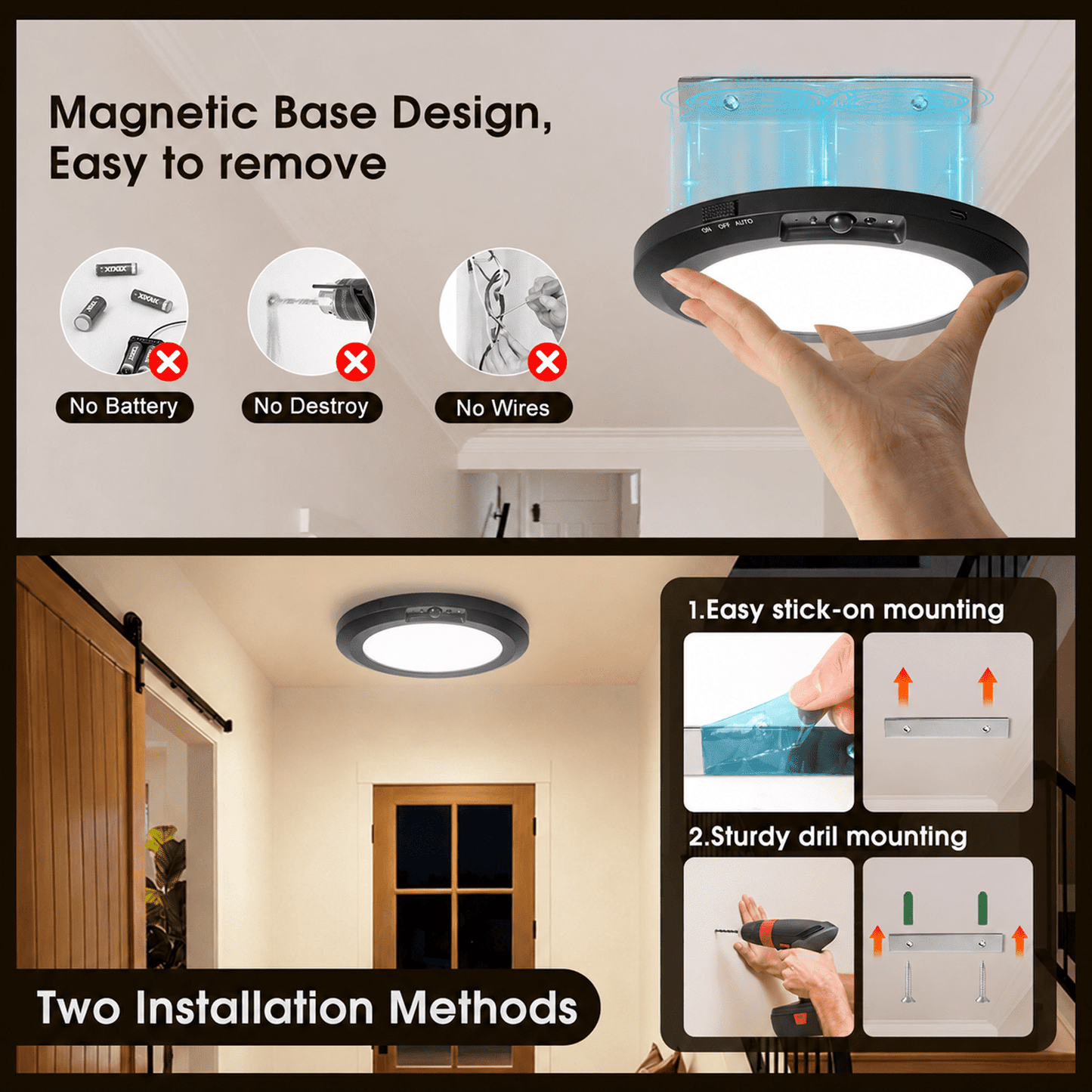 Merryhome Rechargeable Ceiling Light with Remote, 7 Inch Motion Sensor Ceiling Light, Wireless Indoor Light for Closet, Hallway, Stairway, Bathroom