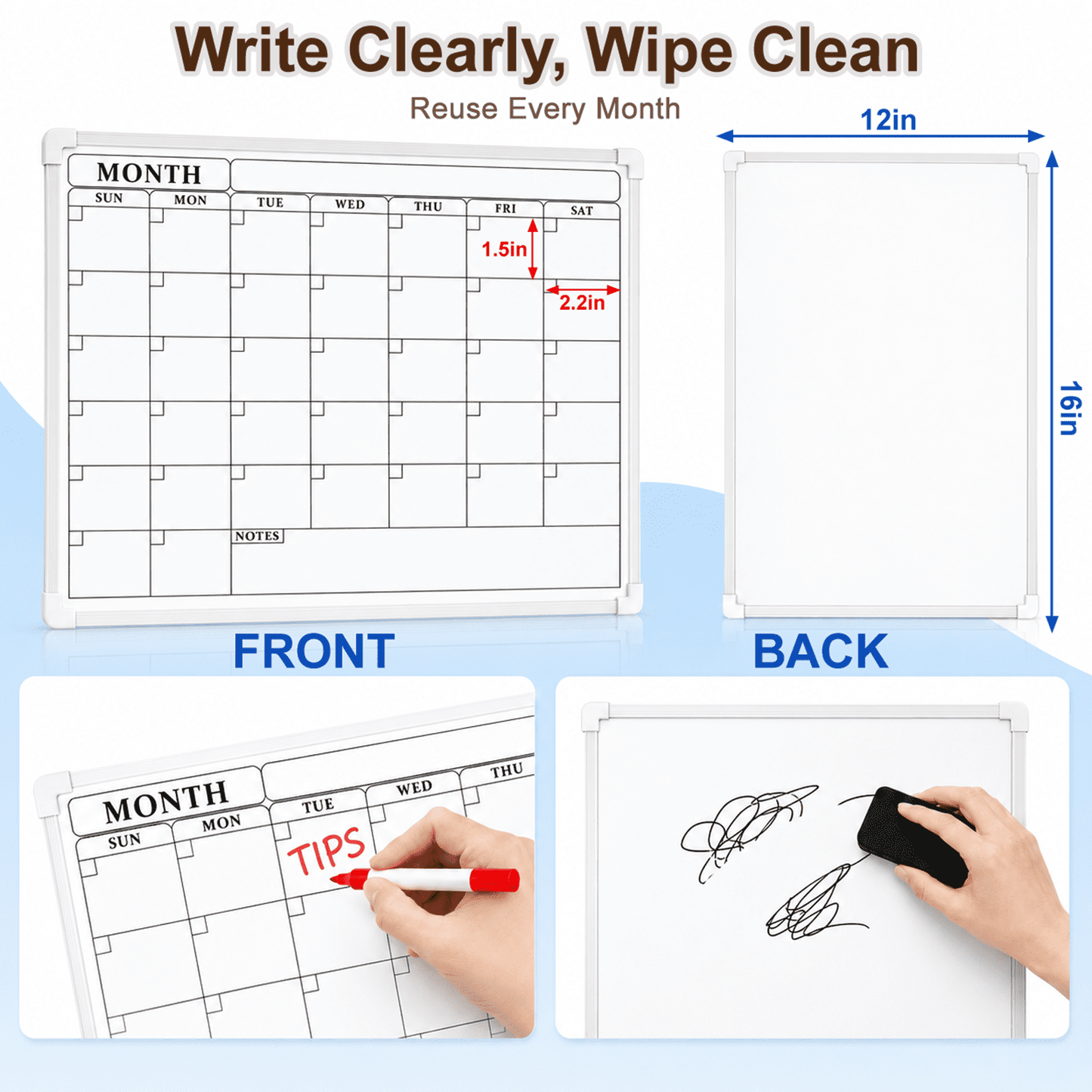 PUCACHI Monthly Calendar Whiteboard, 16 x 12 in Magnetic Dry Erase Calendar Board with Double-Sided Design, Markers and Magnets for Wall Home Office Kitchen School