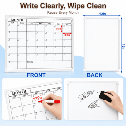 PUCACHI Monthly Calendar Whiteboard, 16 x 12 in Magnetic Dry Erase Calendar Board with Double-Sided Design, Markers and Magnets for Wall Home Office Kitchen School