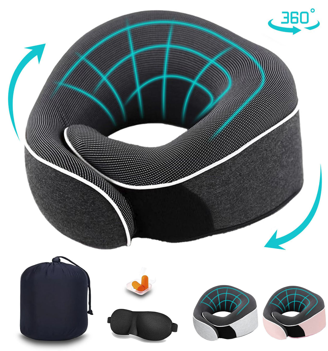 Merryhome Travel Pillow, Memory Foam Travel Neck Pillow, Adjustable 360° Ergonomic Support Function for Travel with Pillow, Mask, Earplugs, Storage Bag