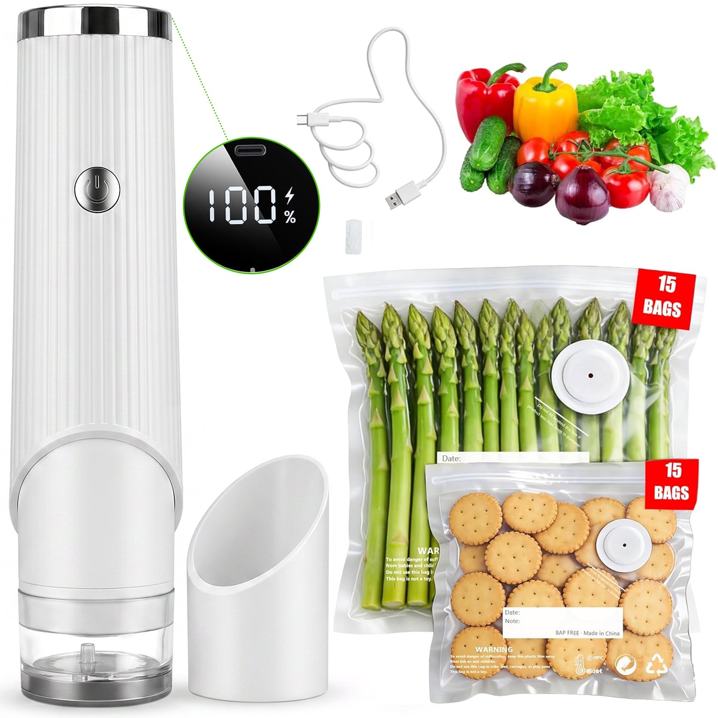 Henotian Handheld Vacuum Sealer for Food, Rechargeable Food Saver with 30 Reusable Bpa-Free Bags, Portable Vacuum Sealing Machine for Meal Prep, Sous Vide, Food Storage and Leftovers