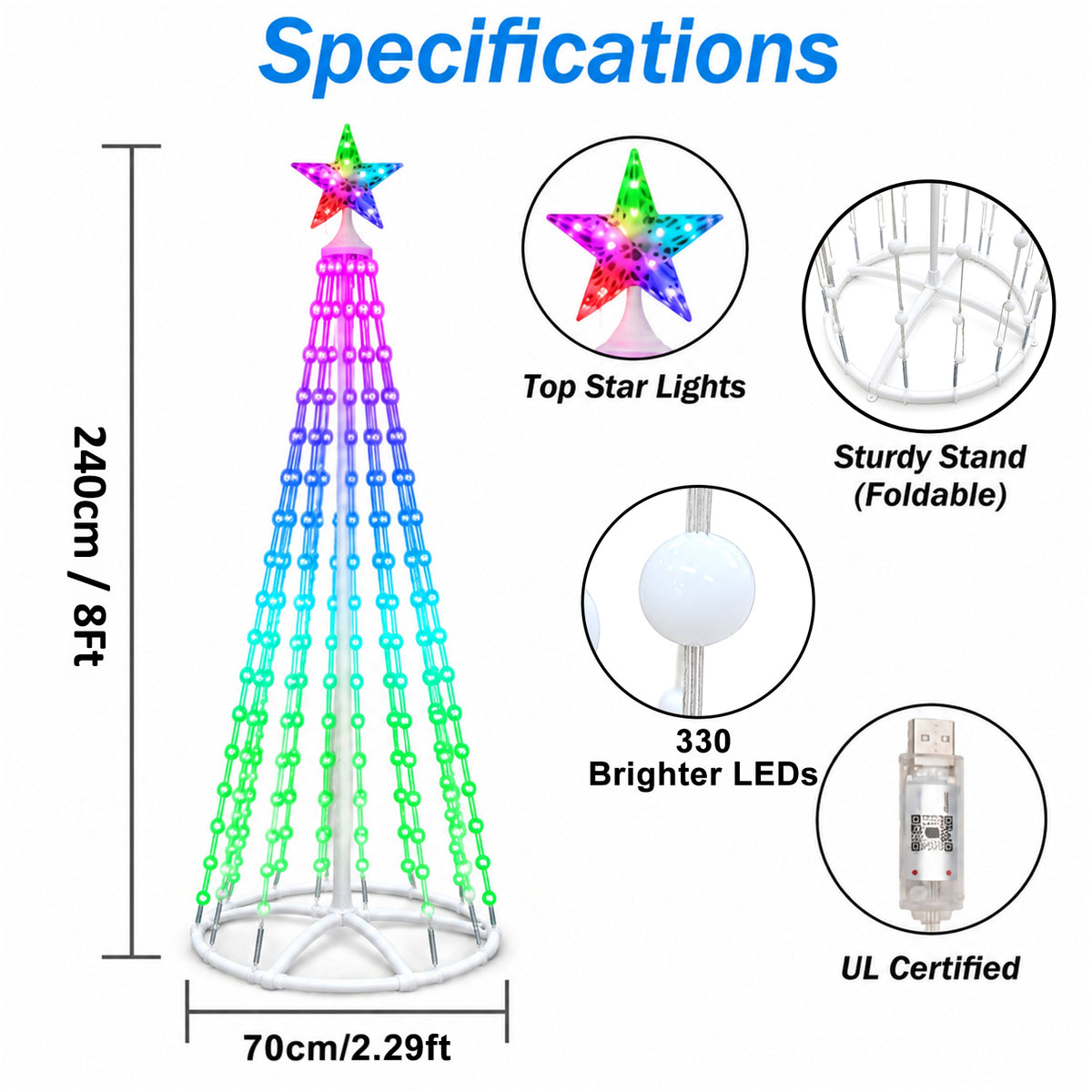 PUCACHI Outdoor Christmas Tree Lights 8Ft, 8 Modes Timer Remote RGB Christmas Tree Lights with Star Topper for Xmas Yard Porch Patio Holiday Decor