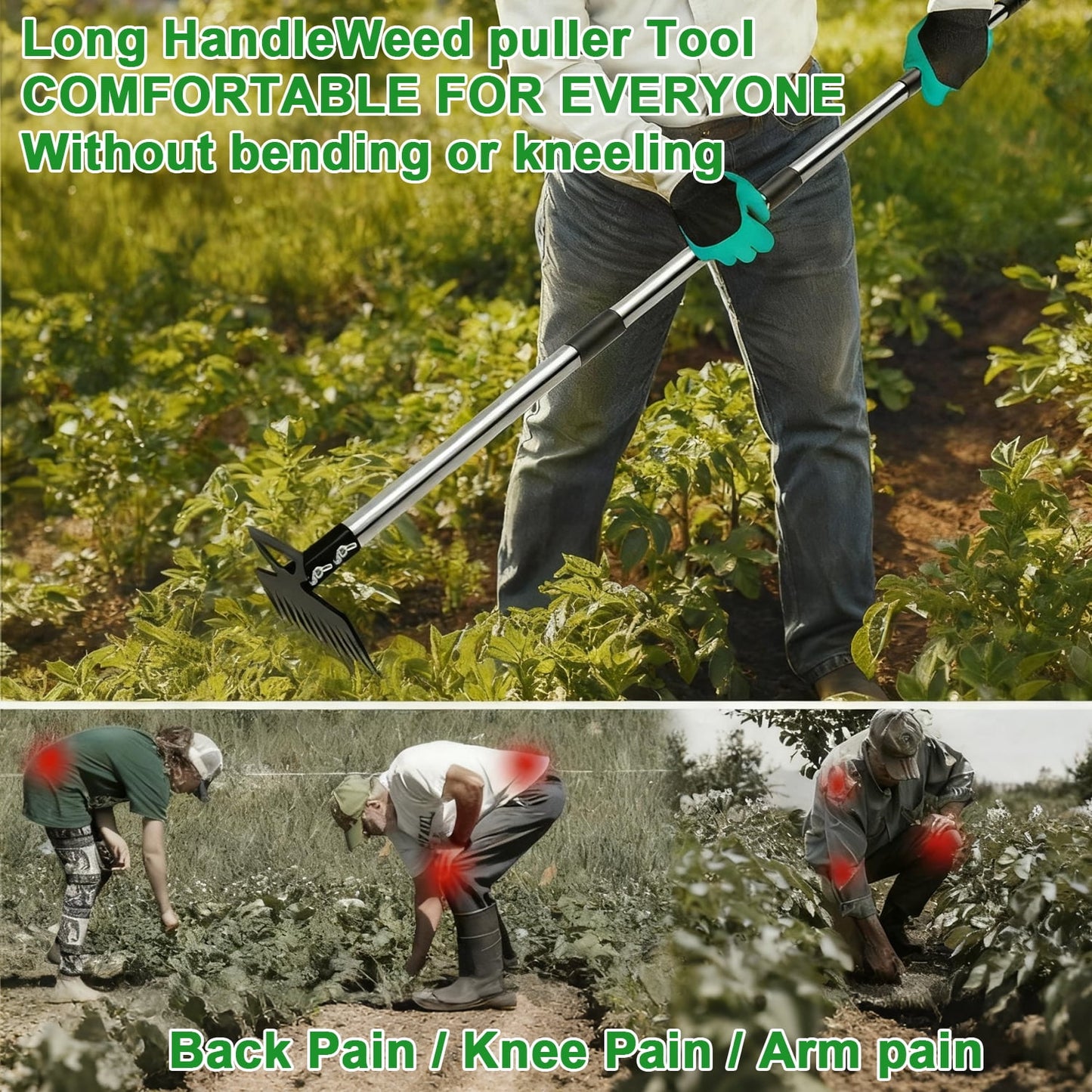 Merryhome 60″ Long‑Handle Weed Puller Tool – 11‑Teeth Steel Head Garden Weeding Tool & Lawn Dandelion Remover for Yard, Patio, Outdoor Use