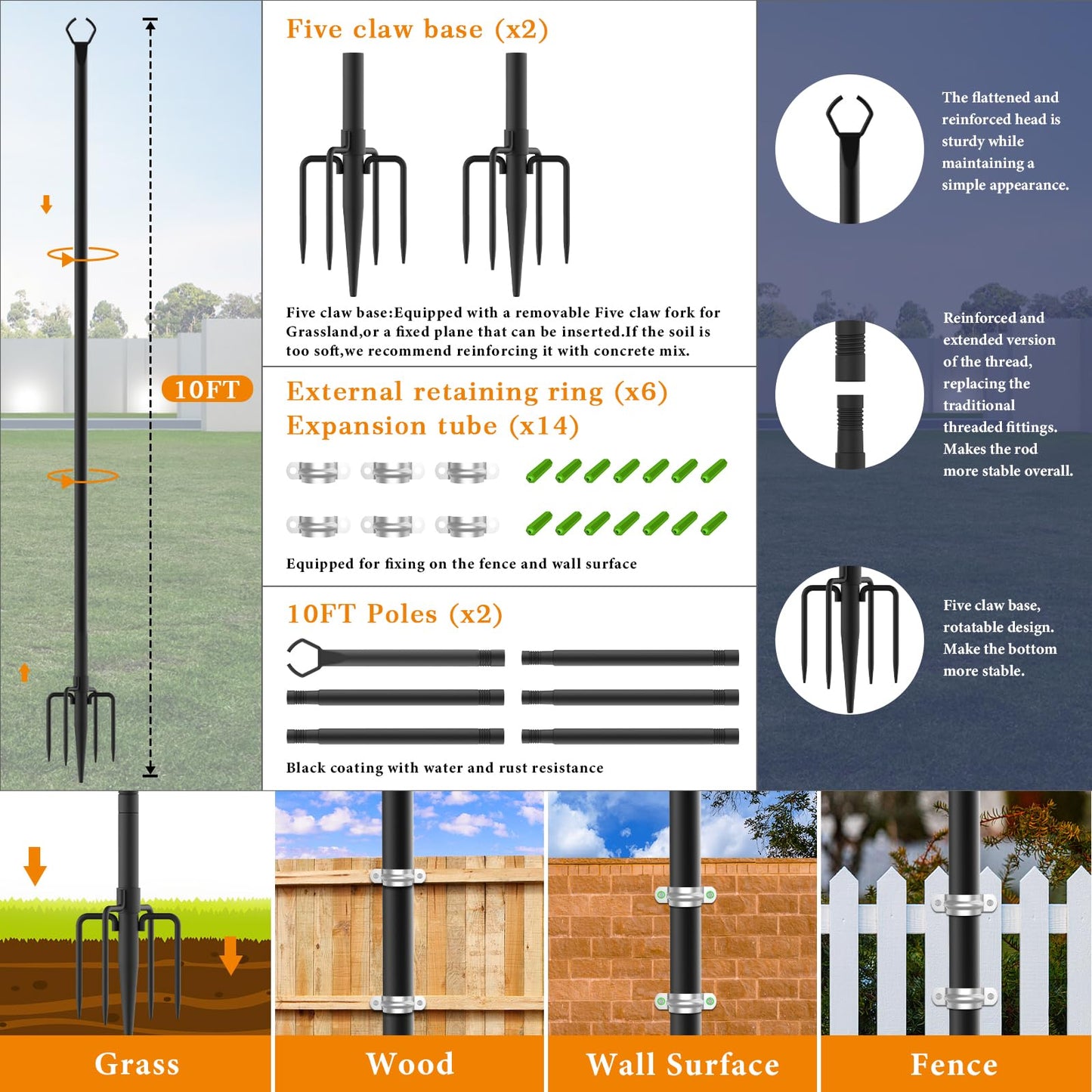 PUCACHI 2 Pack Outdoor LED String Light Pole, 10ft High Patio Lighting Bracket, Outdoor Light Pole with Fork, Metal Pole Bracket for Patio Deck Backyard