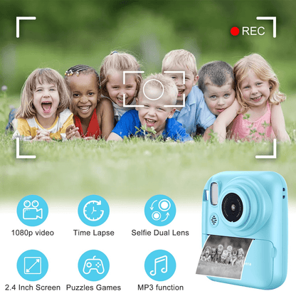 Kids Camera Instant Print - 1080P Digital Video Instant Camera for Kids, Christmas Birthday Gifts for Girls Boys Age 3-12, Toddler Cameras with 3 Rolls No Ink Print Paper(Blue)