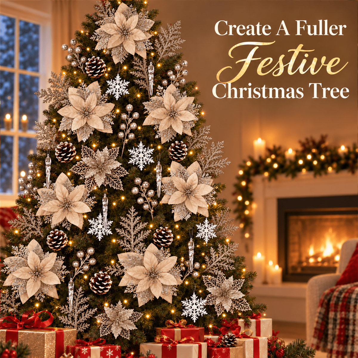 PUCACHI 92Pcs Christmas Tree Decorations Set with Poinsettia Christmas Flowers, Glitter Berry Stems, Snowflakes, Pine Cones and Icicle Drop Crystal Ornaments, Champagne