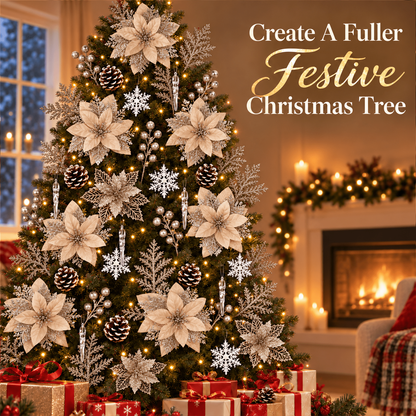 PUCACHI 92Pcs Christmas Tree Decorations Set with Poinsettia Christmas Flowers, Glitter Berry Stems, Snowflakes, Pine Cones and Icicle Drop Crystal Ornaments, Champagne