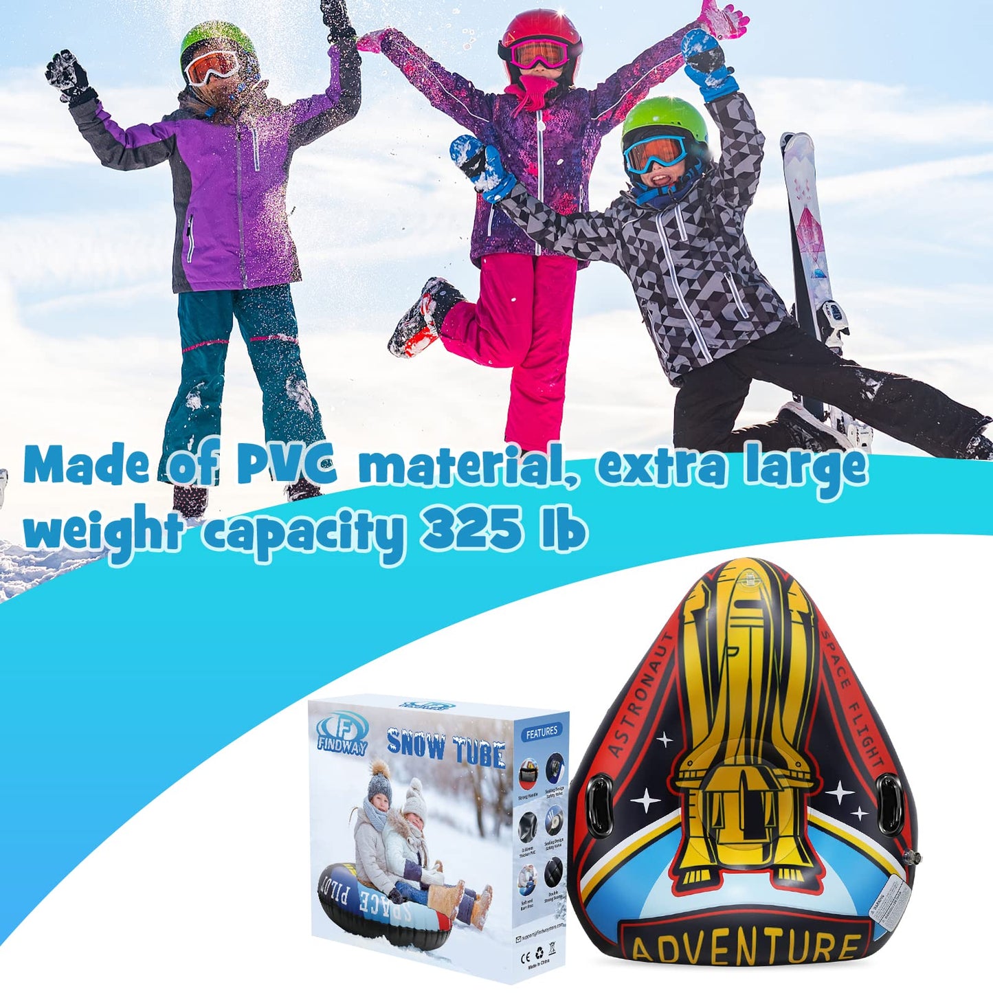 WHATOOK 47 Inch 1-Pack Inflatable Snow Sled for Kids and Adults, Thick and Durable Hard Bottom Snow Sled with Handle, Winter Outdoor Sports Toys for Boys Girls Family Activities