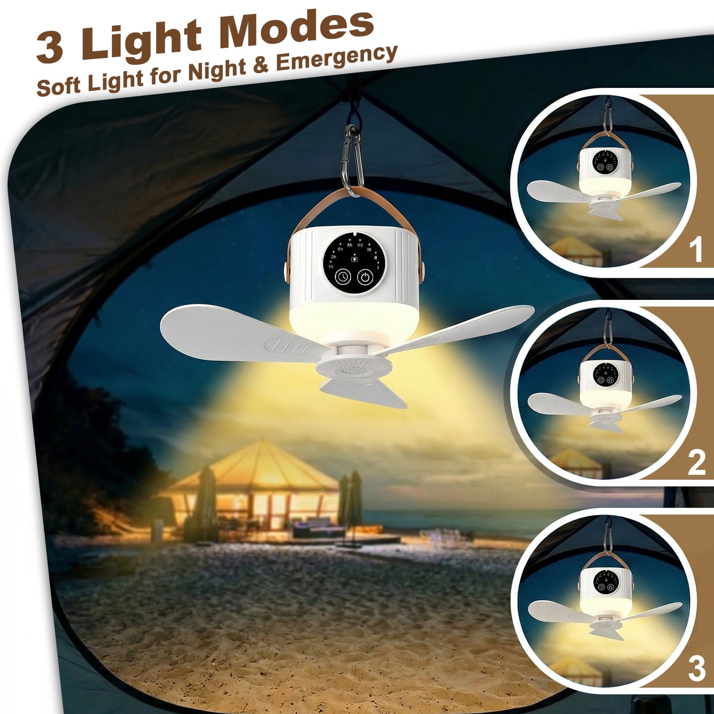 Merryhome Camping Fan with Light, 7200mAh Rechargeable Tent Fan with Remote, 4 Speeds, Timer and LED Lantern for Camping, Travel and Emergency, White
