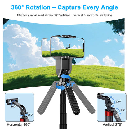 71" Phone Tripod with Bluetooth Remote – 4-Leg Stable Stand, 360° Rotation, Extendable 1.8M Aluminum Pole, Selfie Stick for iPhone & Android
