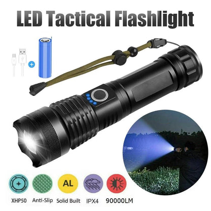 Kidsjoy Rechargeable LED Flashlight, 90000 High Lumens Powerful Super Bright Tactical Flashlight Zoomable Torch for Emergencies, Outdoor,Home, Camping