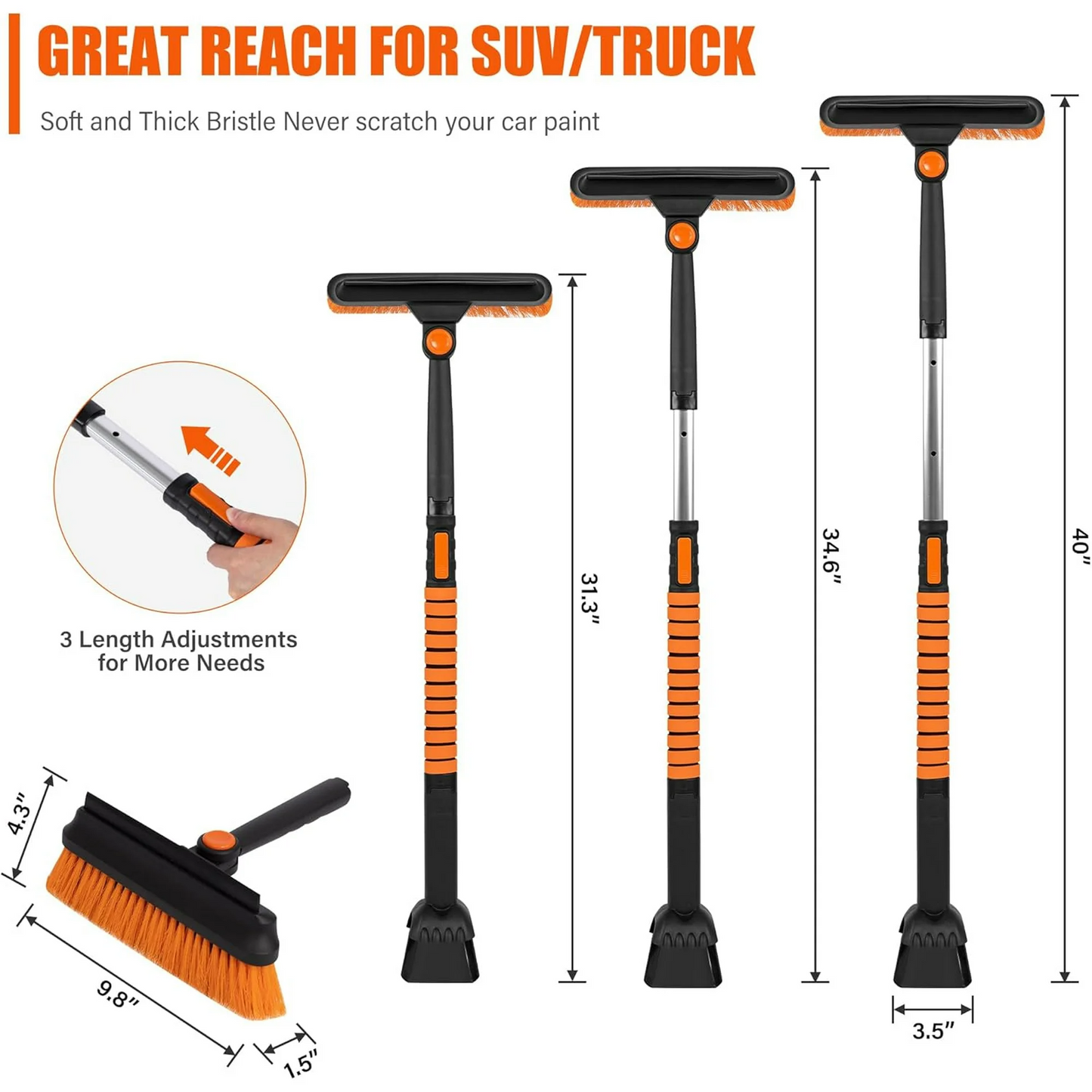 Ice Scraper and Extendable Snow Brush Emergency Snow Shovel for Car,31" - 40" Snow Brush with Squeegee,Snow Scraper with 180° Pivoting Brush Head and Foam Grip for Car Windshield,Truck,SUV