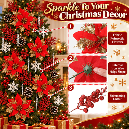 PUCACHI 92Pcs Christmas Tree Decorations Set with Poinsettia Christmas Flowers, Glitter Berry Stems, Snowflakes, Pine Cones and Icicle Drop Crystal Ornaments, Red