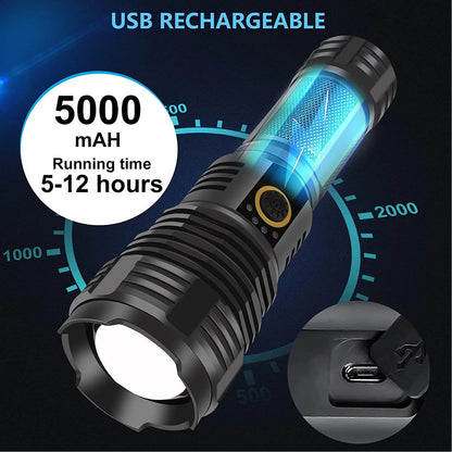 Kidsjoy Rechargeable LED Flashlight, 90000 High Lumens Powerful Super Bright Tactical Flashlight Zoomable Torch for Emergencies, Outdoor,Home, Camping