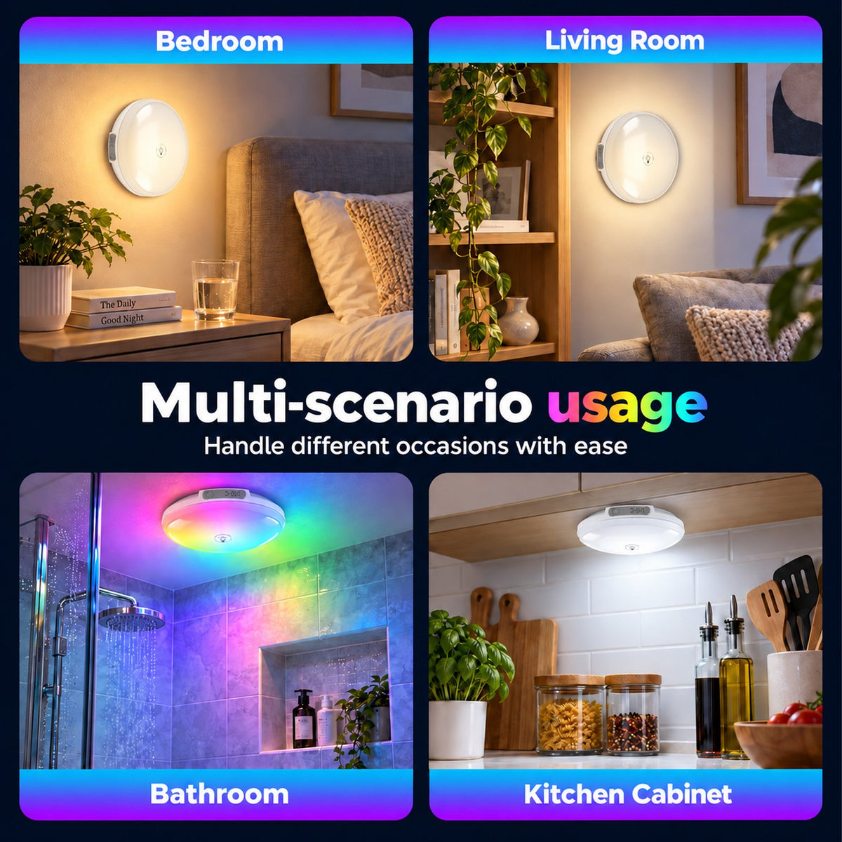 Henotian Rechargeable Shower Light, 10000mAh Wireless Ceiling Lamp, 300LM IP54 Water Resistant, 12 Rgb Colors, Remote and Touch Control, Magnetic Mount for Bathroom, Bedroom, Closet