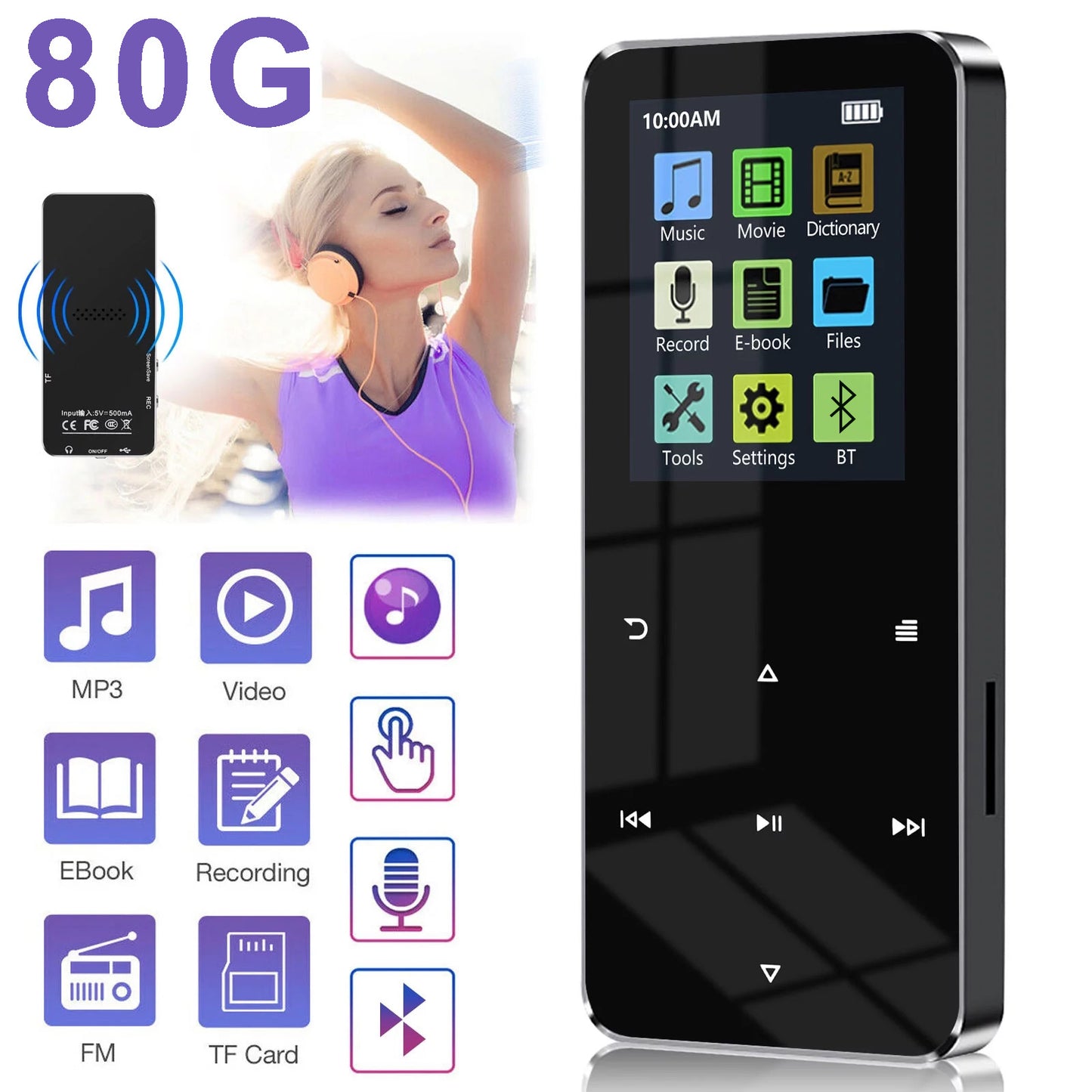 80G MP3 MP4 Player with Bluetooth 5.0 1.8 inch Screen Touch Button Portable Hi-Fi Lossless Music Player Speaker with FM Radio Recorder Alarm Clock Pedometer Wired Headphone Support Card (Black)