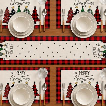 Christmas Placemat Set, 7 Pcs Christmas Table Decor, 6 Placemats with 1 Table Runner, Christmas Tree Pattern, Washable Xmas Kitchen Dining Table Decoration for Holiday Party