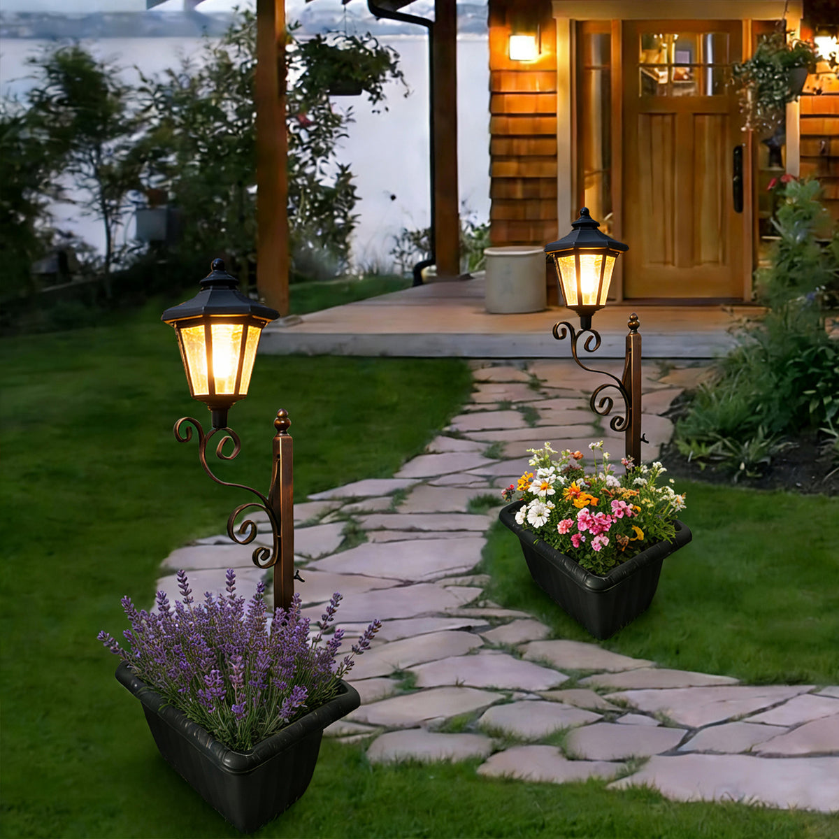 Merryhome 1Pack Solar Lamp Post with Planter,Solar Planter Lights with Ground Stake,IP44 Waterproof Warm White Light,Dusk-to-Dawn Lighting,Decorative Lamp for Lawn Patio Deck Front/Back Door