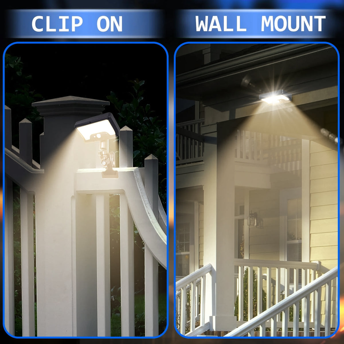 Merryhome Solar Clip-on Lights with Motion Sensor,3-Mode,360 Degree Rotation,92 LEDs,600Lm Dual Charging,Waterproof Solar Fence Lights for Patio,Camp,Wall,Camping (2Pcs Warm Lights)