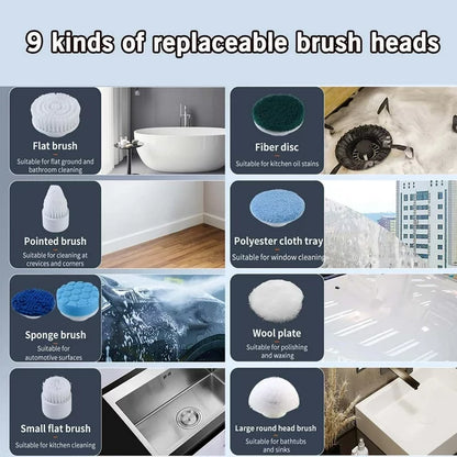 Electric Spin Scrubber,Cordless Cleaning Brush with 9 Replaceable Brush Heads Extension Handle,3 Speeds Bathroom Shower Scrubber for Tub Floor Tile, Sink, Window, Floor, Car