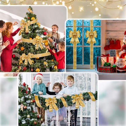 PUCACHI 6 Pcs Christmas Cabinet Door Bows,8x40 Inches Festive Ribbons Large Door Ribbon Party Decorations,for Cabinets Furniture and Kitchen Christmas Party Decorations（Gold）