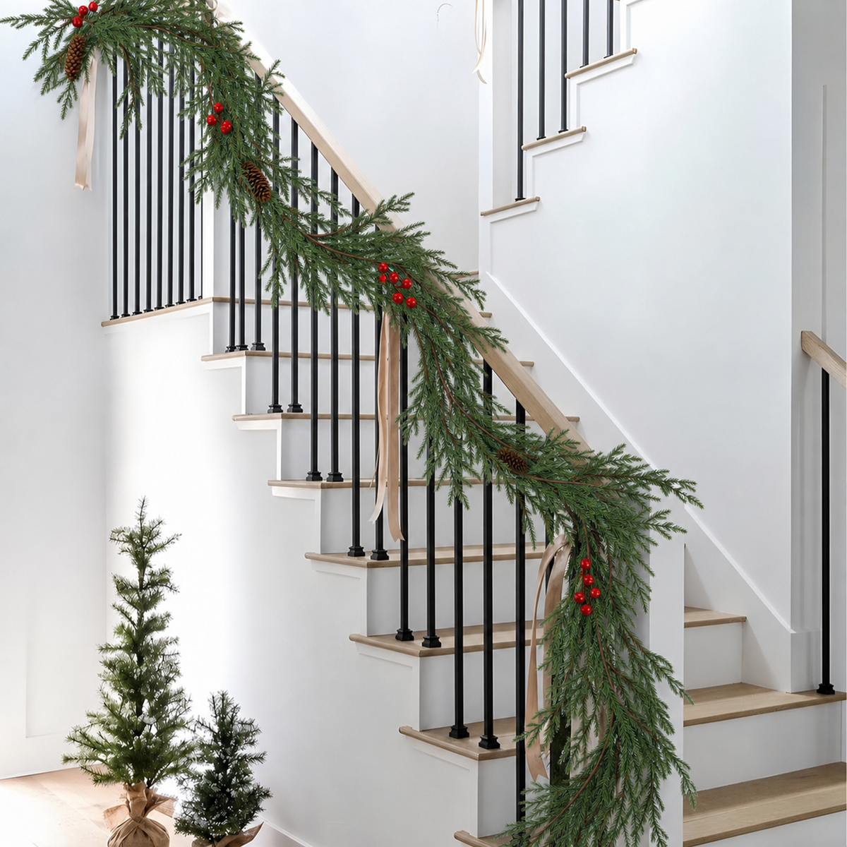 PUCACHI 2 Pcs 6 Ft Christmas Garland,Artificial Norfolk Pine Garlands with Red Berries Pinecone,Artificial Greenery Garland for Table,Mantle,Indoor,Outdoor Christmas Decorations（Green）
