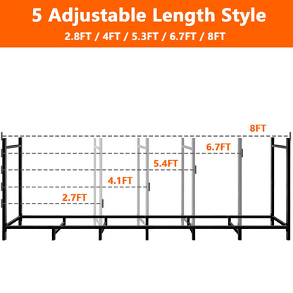 Teblint 8FT Firewood Rack Holder, Adjustable Heavy Duty Fire Log Stacker Stand for Fireplace, Outdoor Indoor Metal Wood Pile Storage Organizer, Patio Logs Stand tool, Black