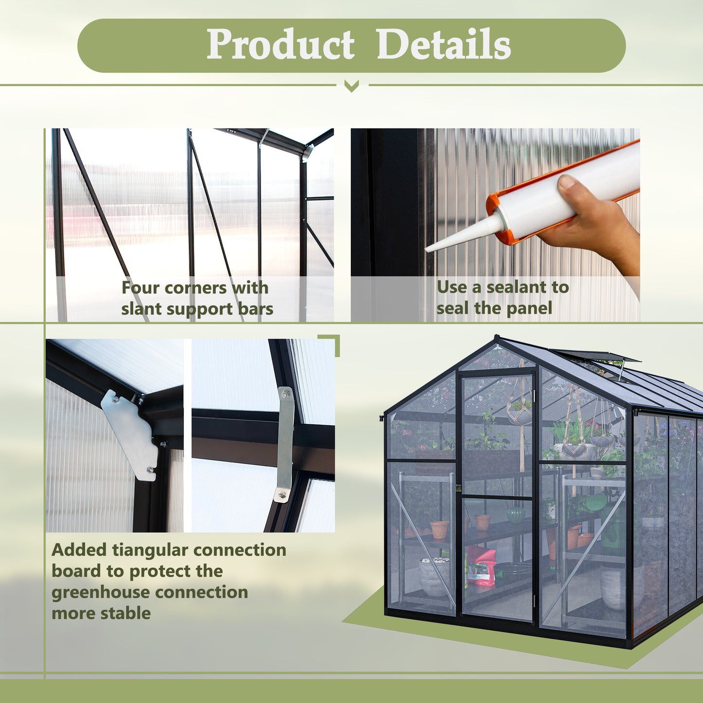 6x12 FT Thicked Polycarbonate Greenhouse, Greenhouse with Double Flush Door, Rain Gutter and Ventilation Window, Green House for Sunroom, Garden, Backyard, Walk-in Large Winter Greenhouse