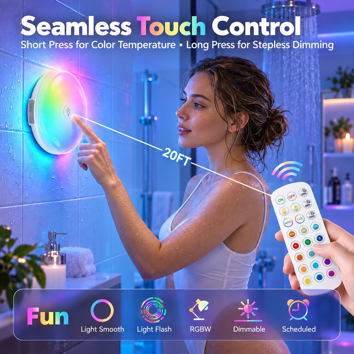 Henotian Rechargeable Shower Light, 10000mAh Wireless Ceiling Lamp, 300LM IP54 Water Resistant, 12 Rgb Colors, Remote and Touch Control, Magnetic Mount for Bathroom, Bedroom, Closet