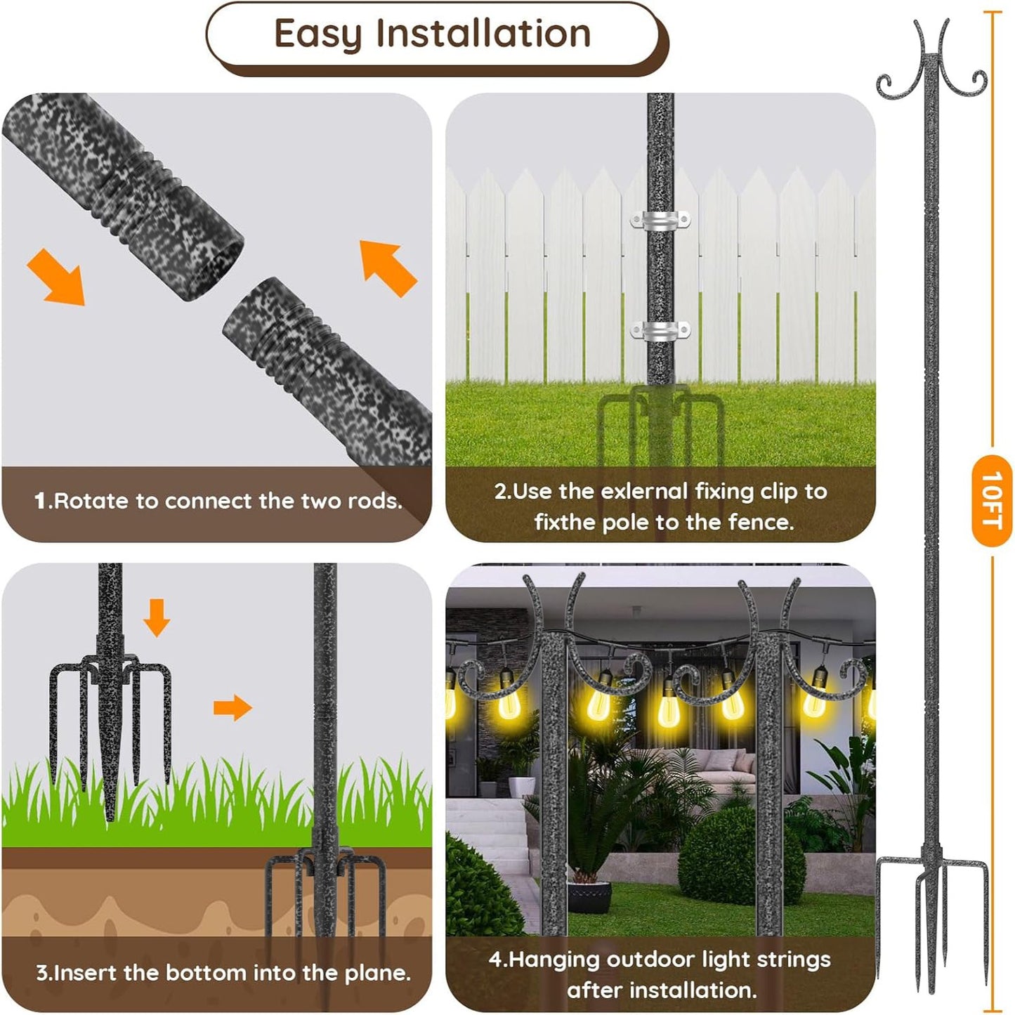 10-foot Outdoor Light Pole (2-Pack) - with Fork Bracket for String Lights, Patio and Deck, Weather Resistant and Height Adjustable - Easy to Install