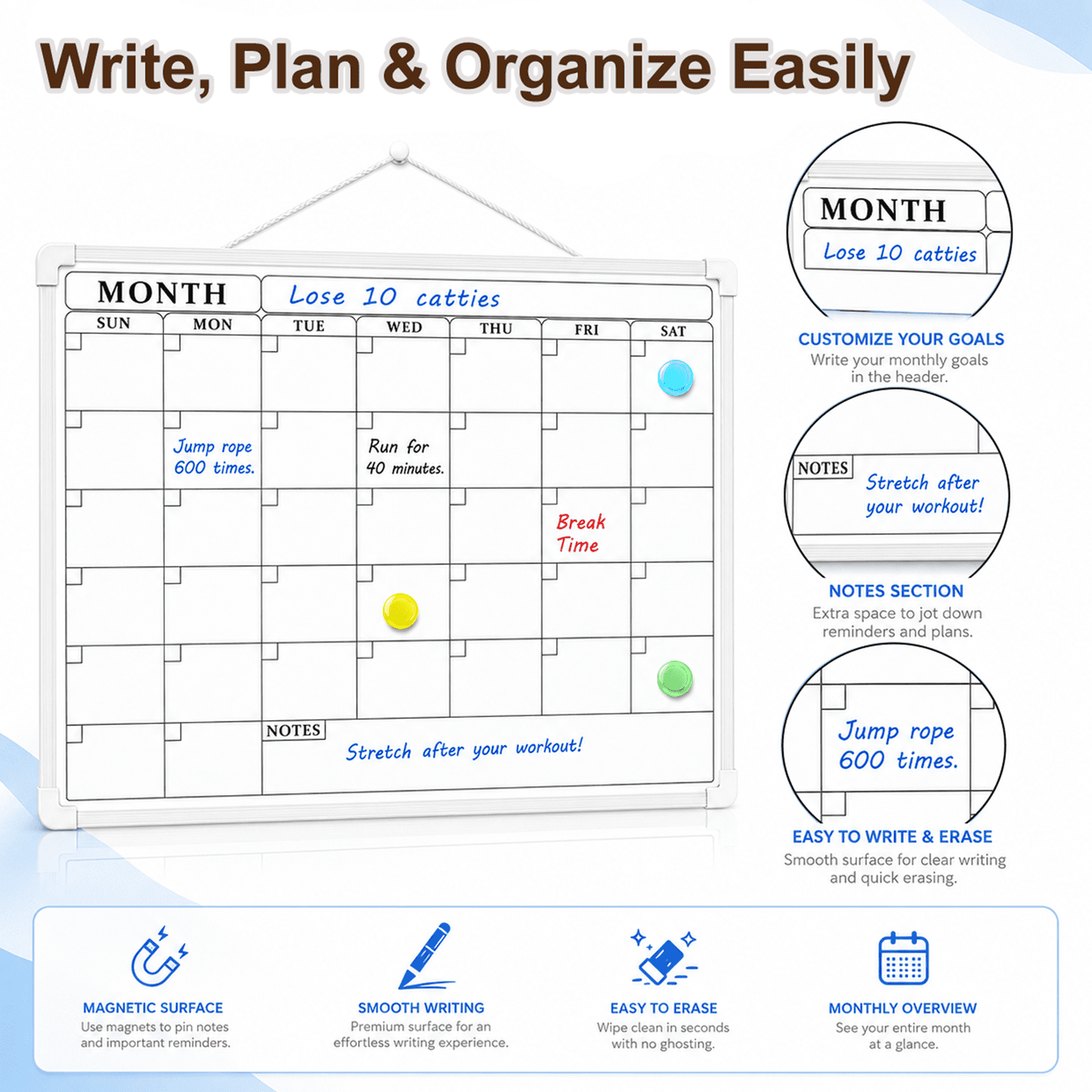 PUCACHI Monthly Calendar Whiteboard, 16 x 12 in Magnetic Dry Erase Calendar Board with Double-Sided Design, Markers and Magnets for Wall Home Office Kitchen School