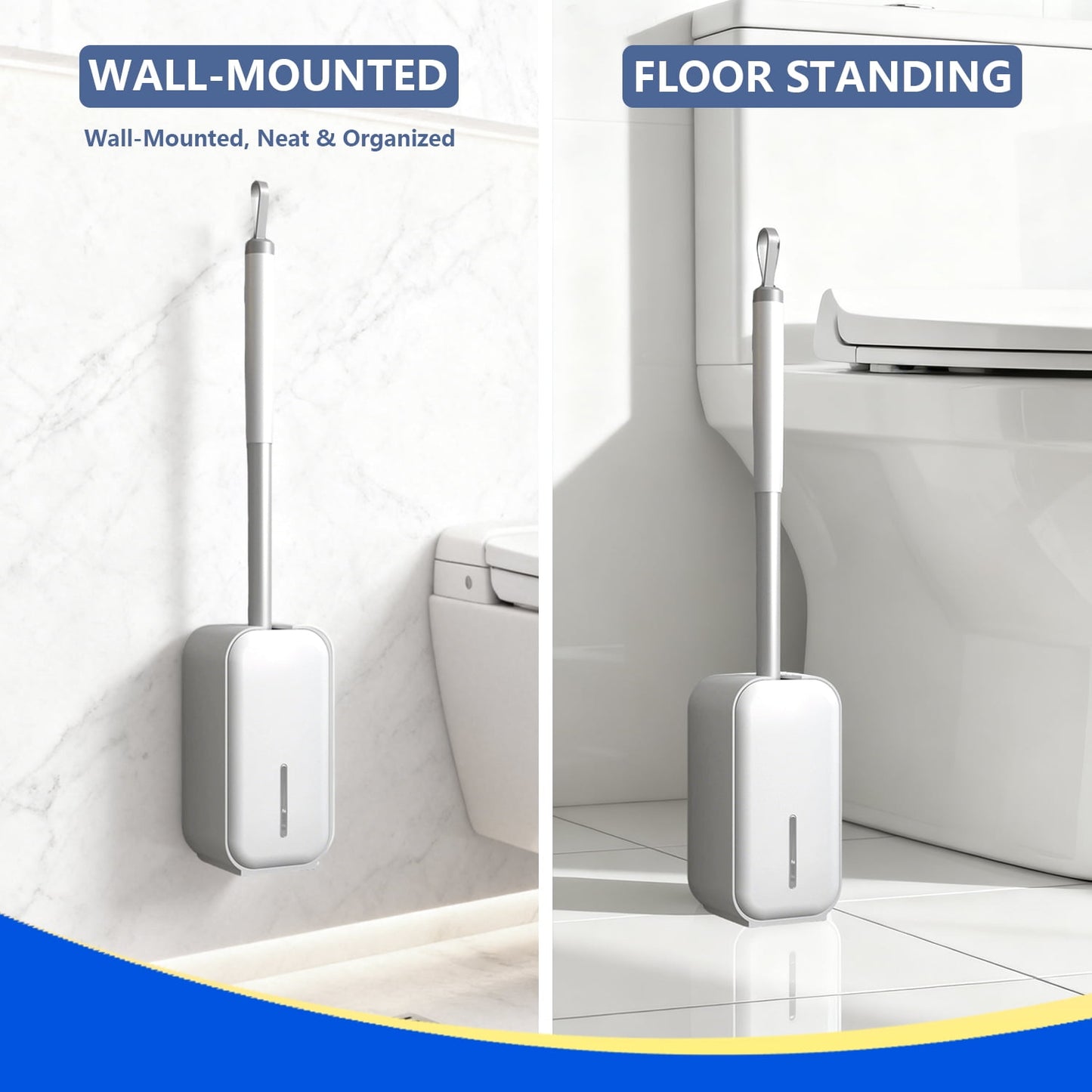 Toilet Brush with Holder – Wall Mounted Self-Closing Set with Long Handle & Silicone Bristles for Bathroom Cleaning