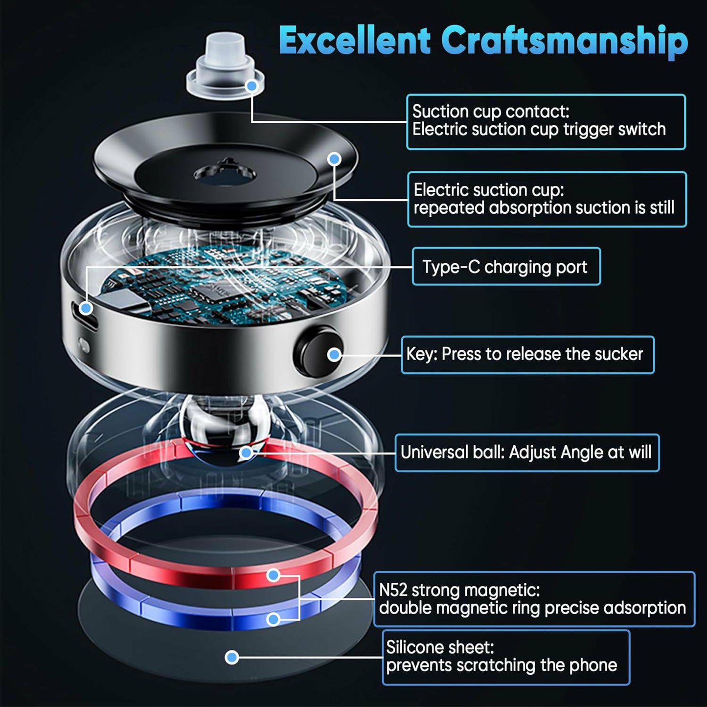 Car Phone Holder for Magsafe - 78 lbs Strongest Suction Cup, 2400gf Magnetic Car Mount, 360° Adjustable for iPhone 16/15/14/13/12 Pro Max Plus, Carbon Fiber Design（Silver）